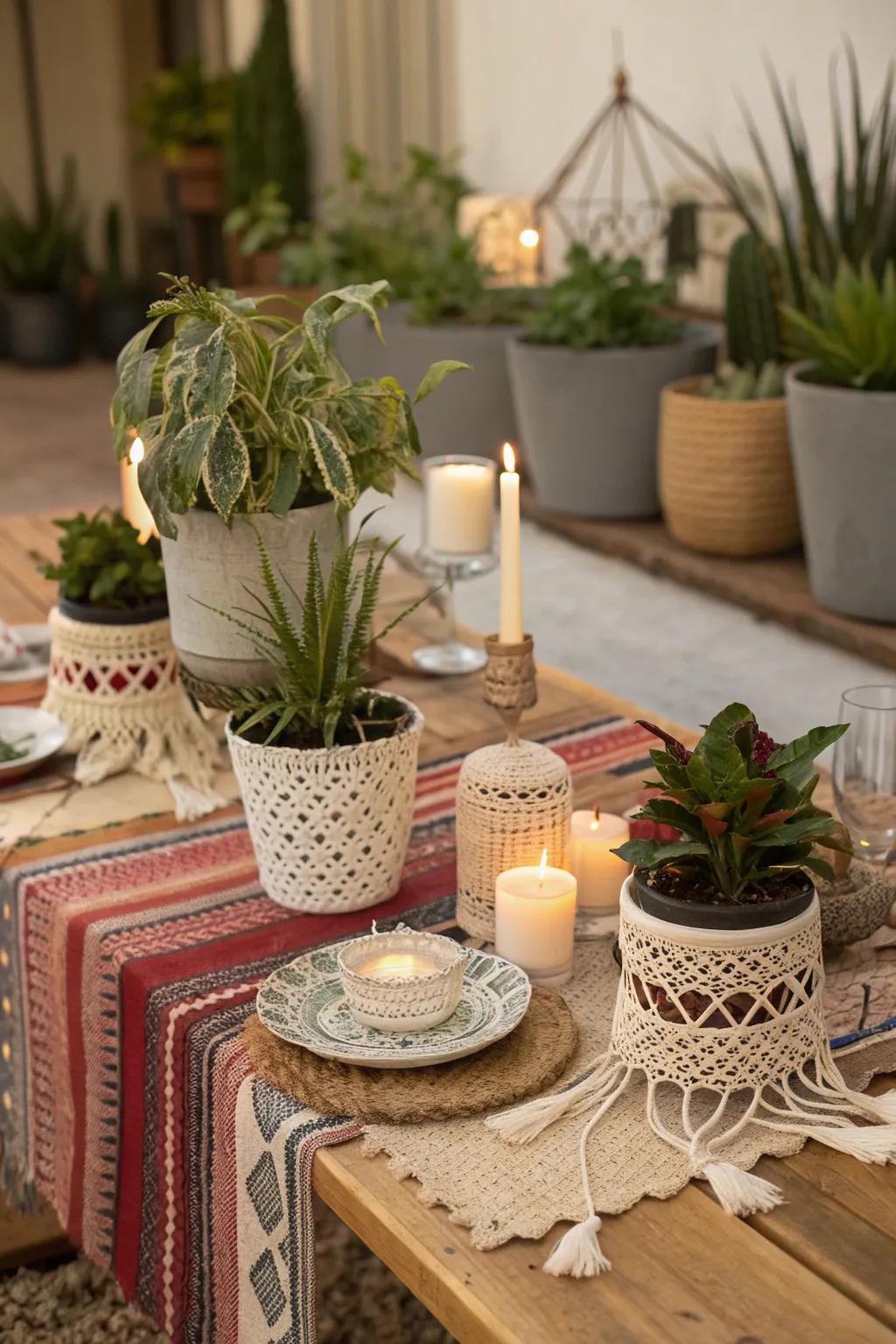 Boho vibes with macramé and potted plants.