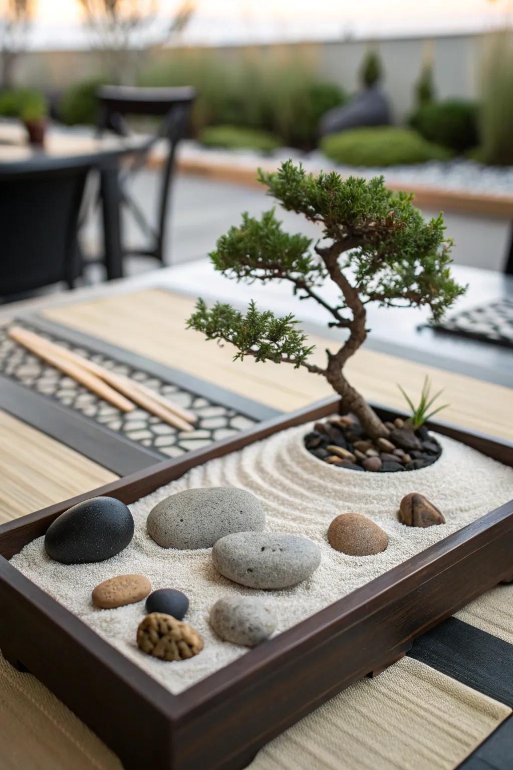 Serenity with a Zen garden-inspired centerpiece.