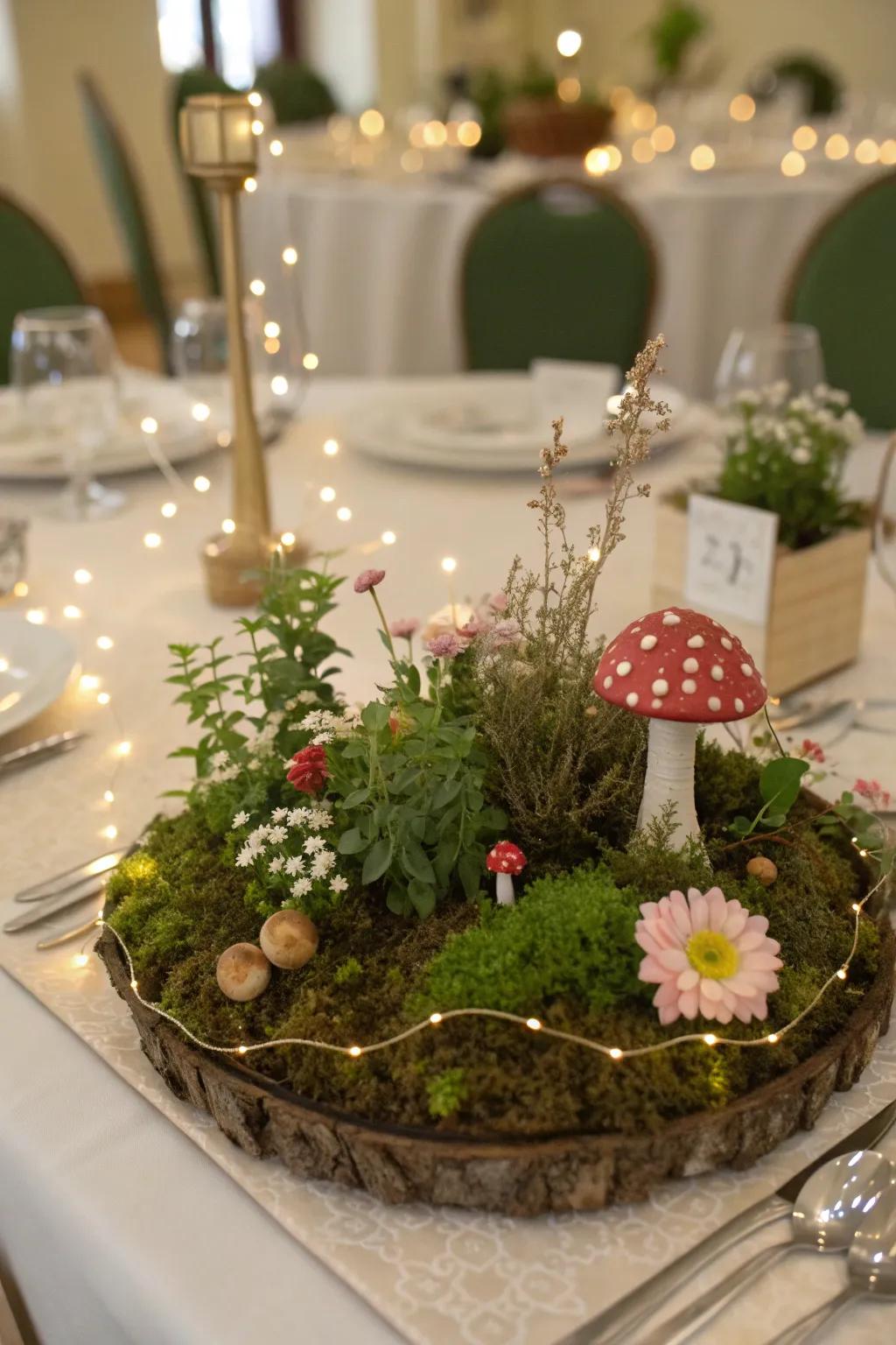 A whimsical fairy garden centerpiece.