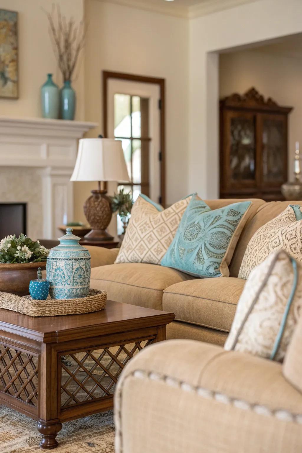 Neutral and warm colors set a cozy tone