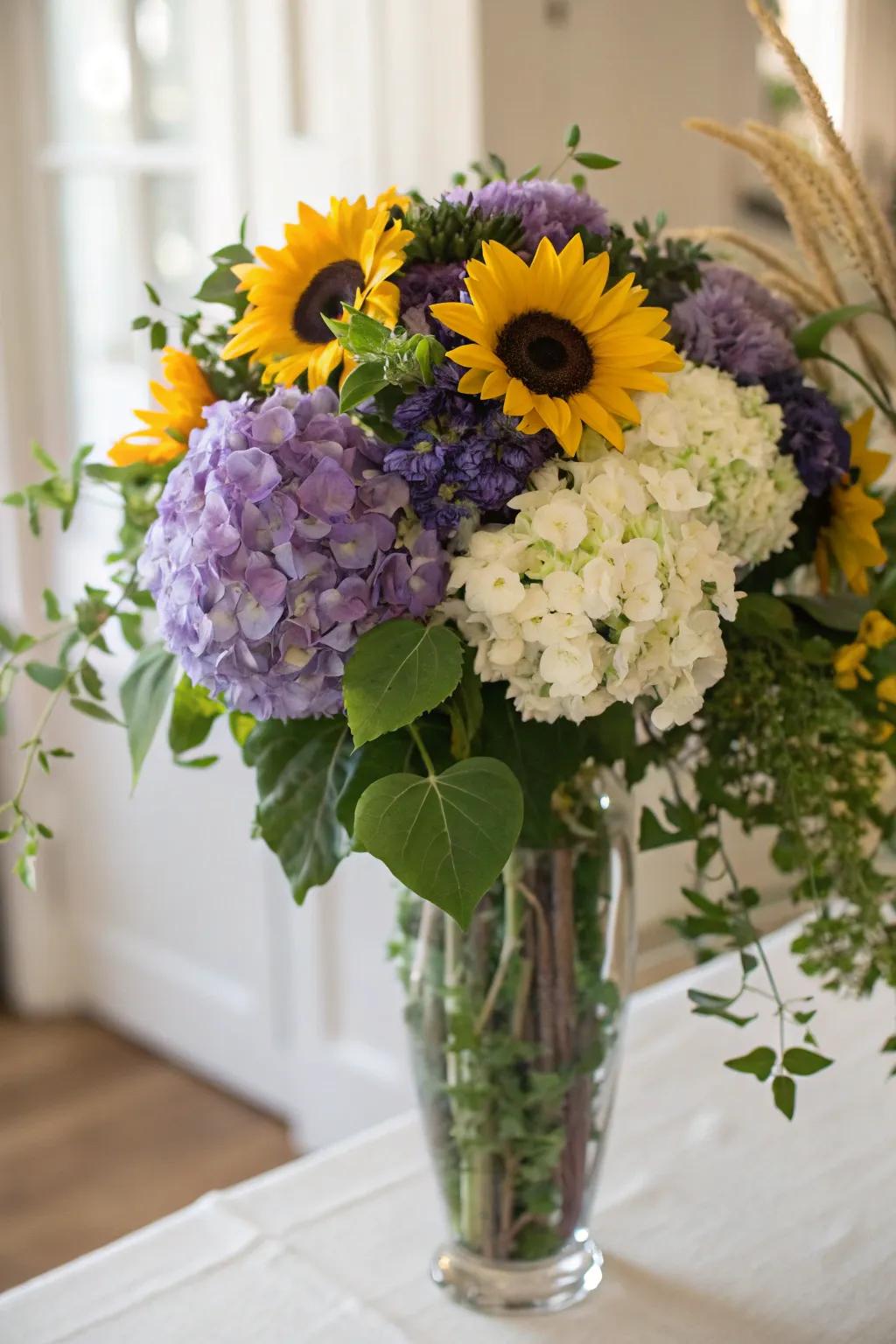 A mix of florals and greens for a seasonal bridge