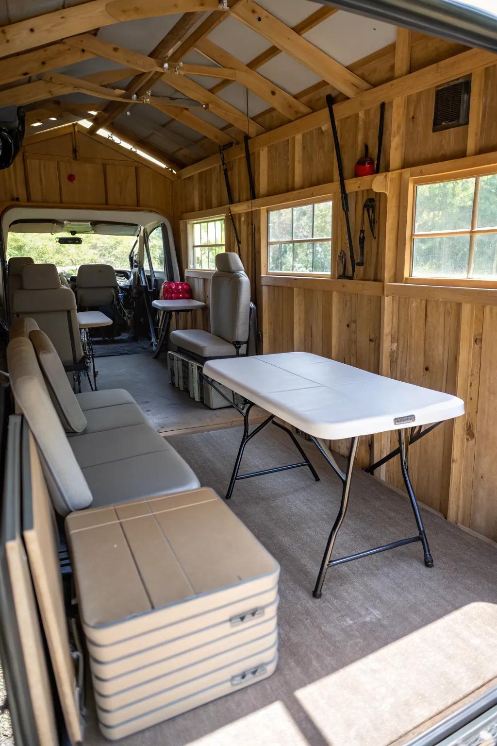 Multi-use furniture makes the most of your shed's space.