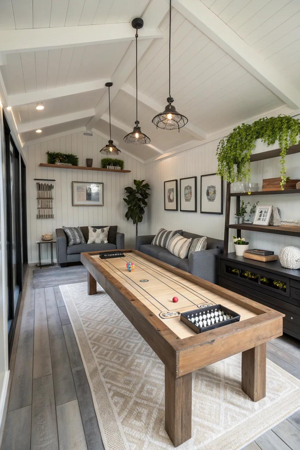 A shuffleboard table adds a trendy twist to your games room.