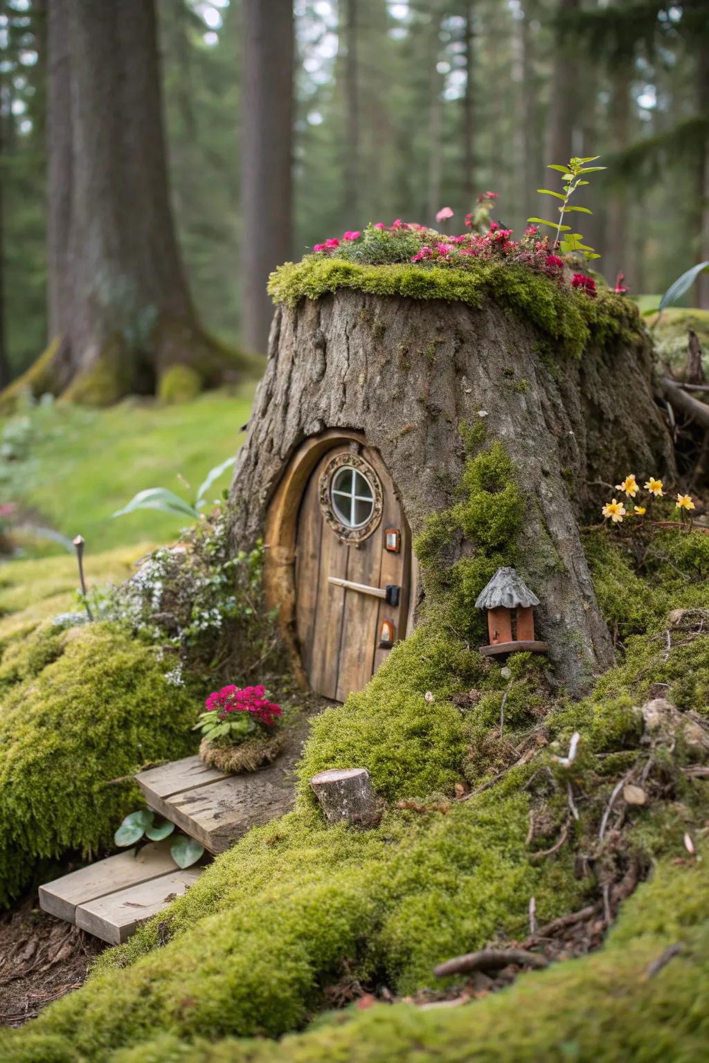 A tree stump gnome home brings stories of old forests to life.