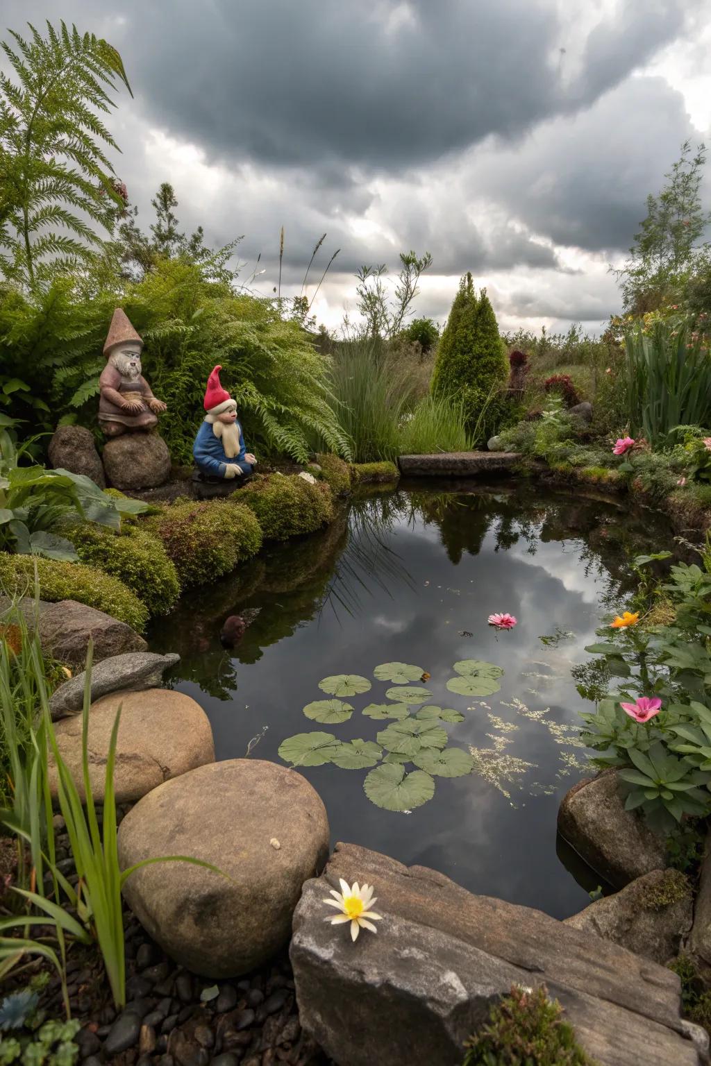 A water feature adds serenity and liveliness to a gnome home.