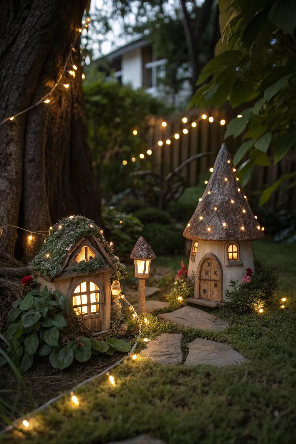 Fairy lights bring your gnome village to life after dark.