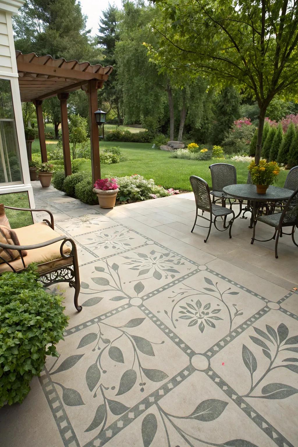 Stenciled concrete adds a whimsical touch to outdoor patios.