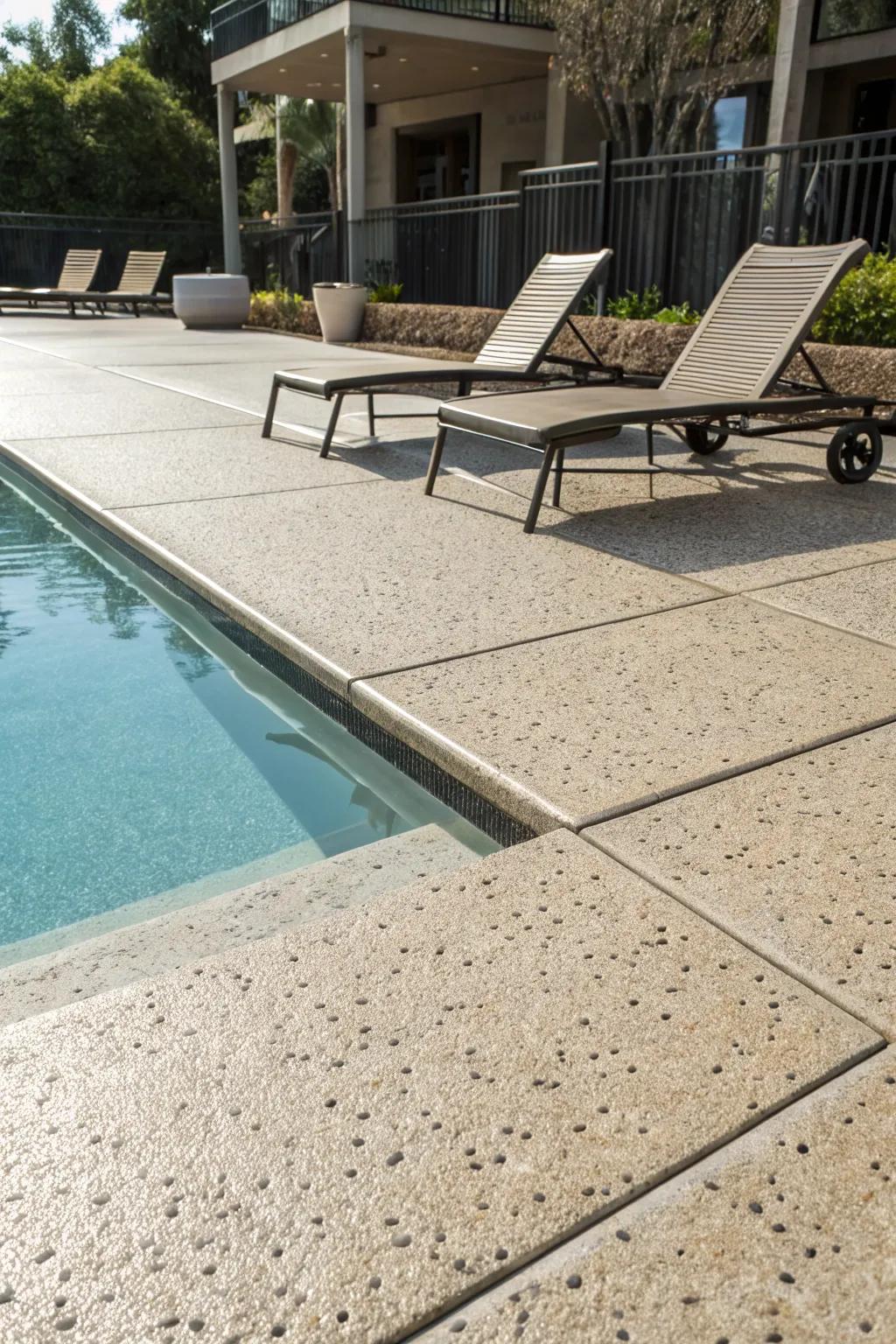 Rock salt finishes provide a charming and practical poolside surface.