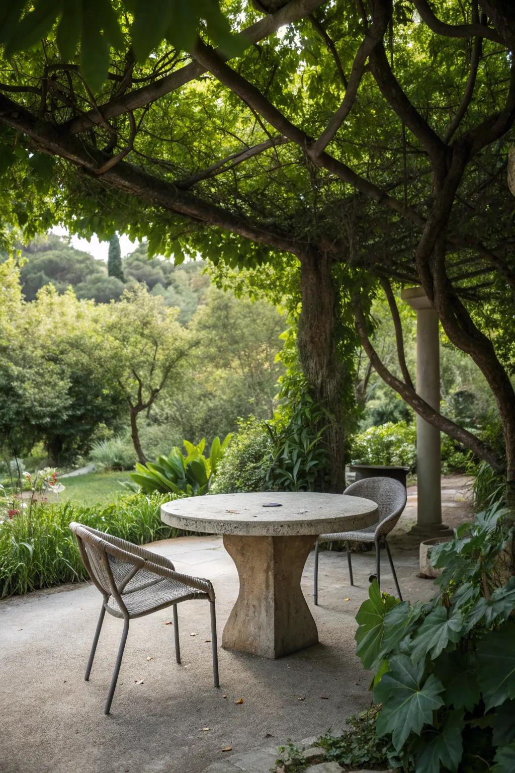 Concrete furniture adds modern flair to outdoor settings.