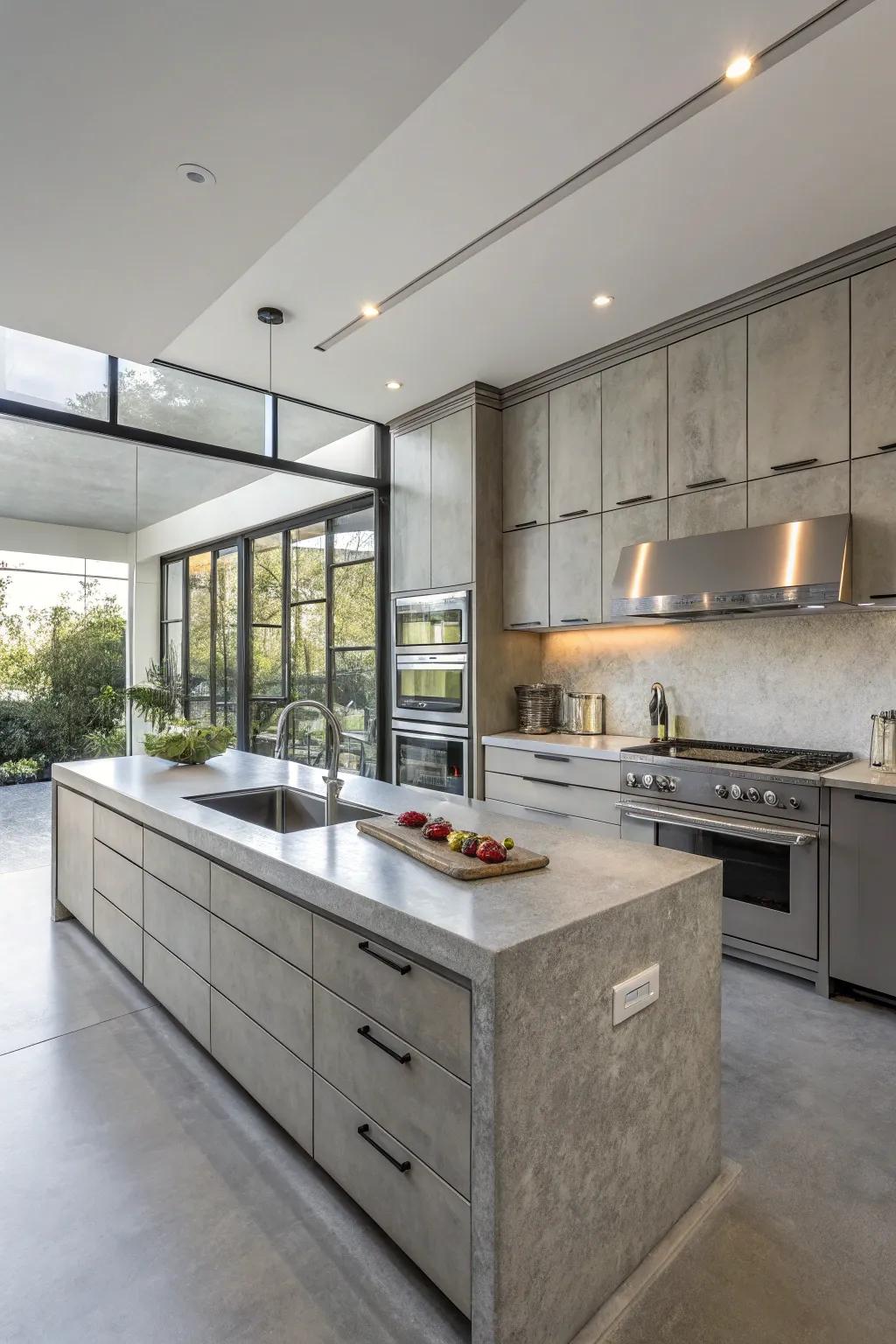 Concrete countertops combine durability with industrial chic.