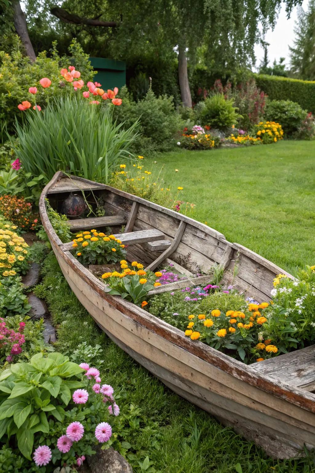 A wooden rowboat brimming with colorful flowers in a garden.