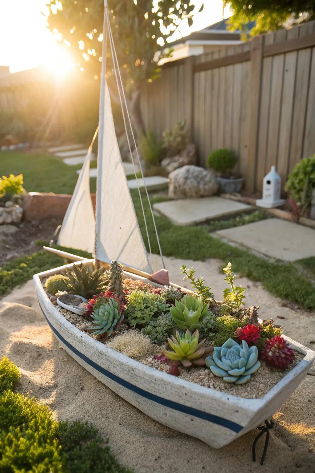 A sailboat planter showcasing a variety of succulents and sandy textures.