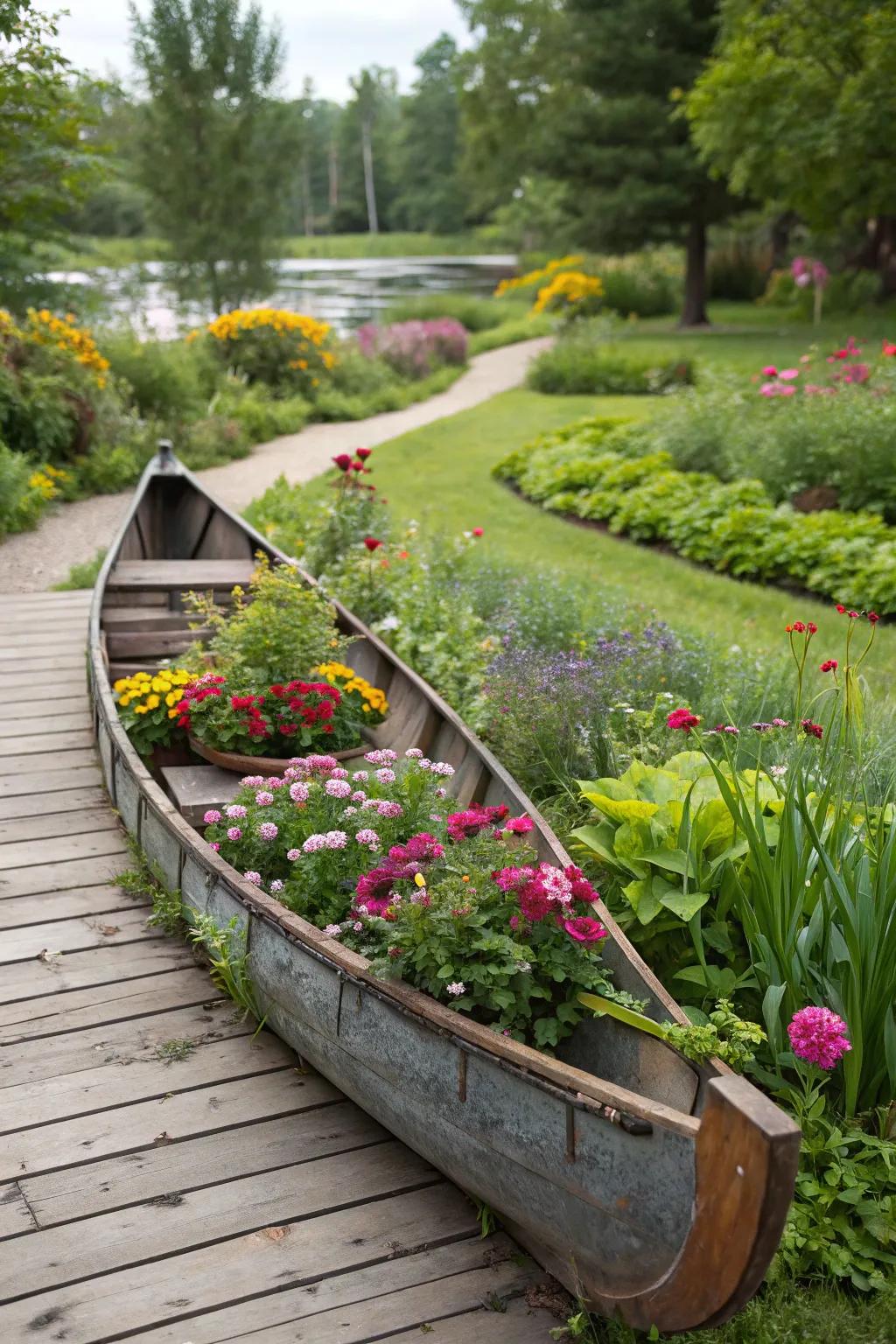 A vintage canoe transformed into a lush, perennial-filled planter.