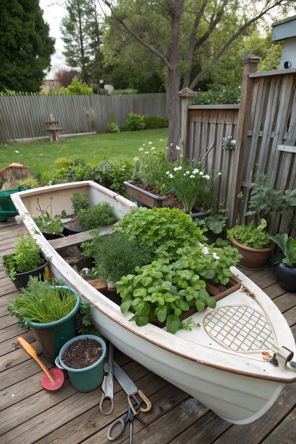 A dinghy bursting with fresh herbs, perfect for culinary enthusiasts.