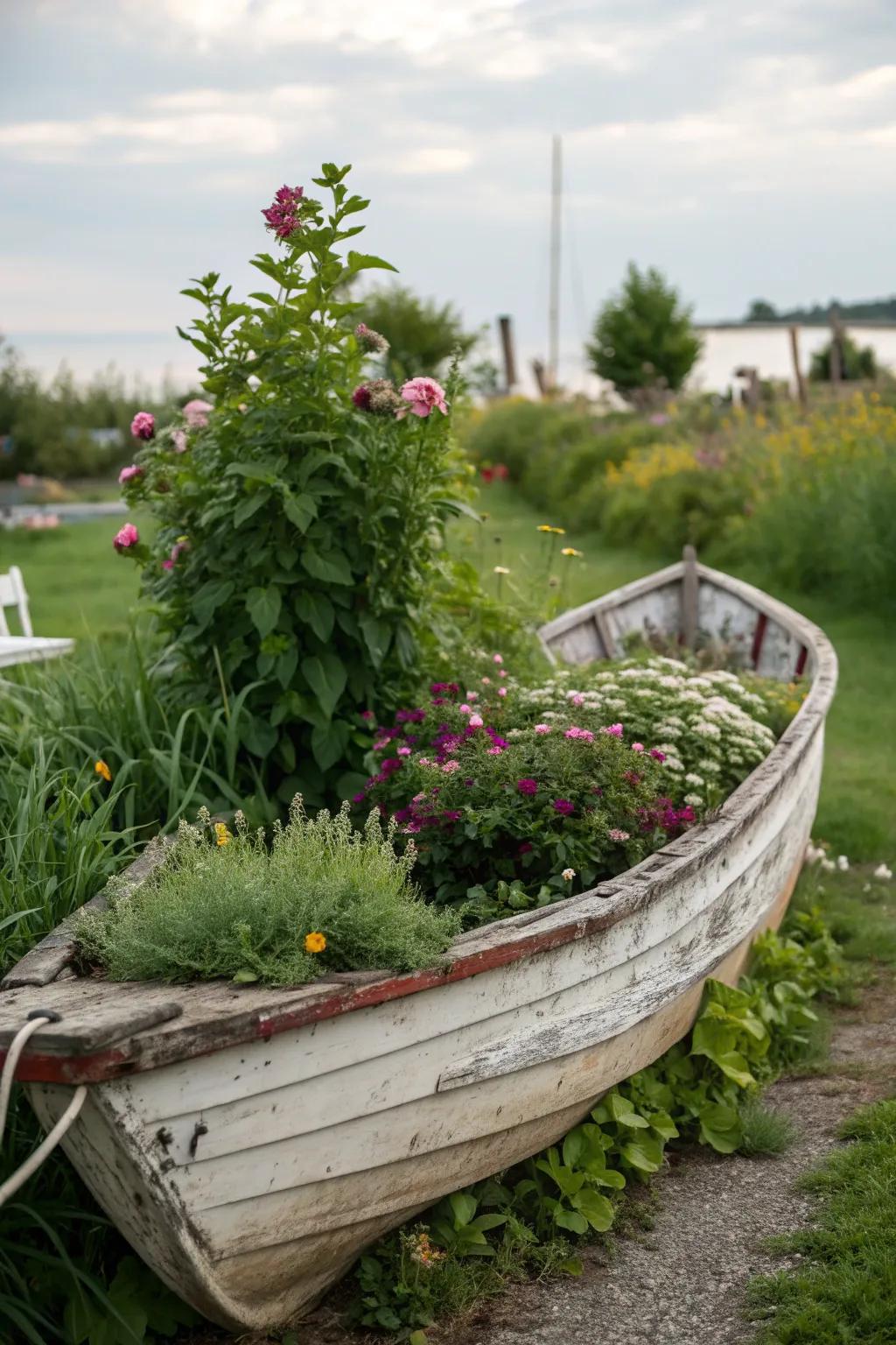 A rustic boat planter filled with vibrant flowers and greenery.