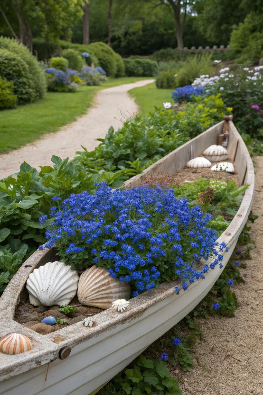 A seaside-themed boat planter adorned with blue blooms and seashells.