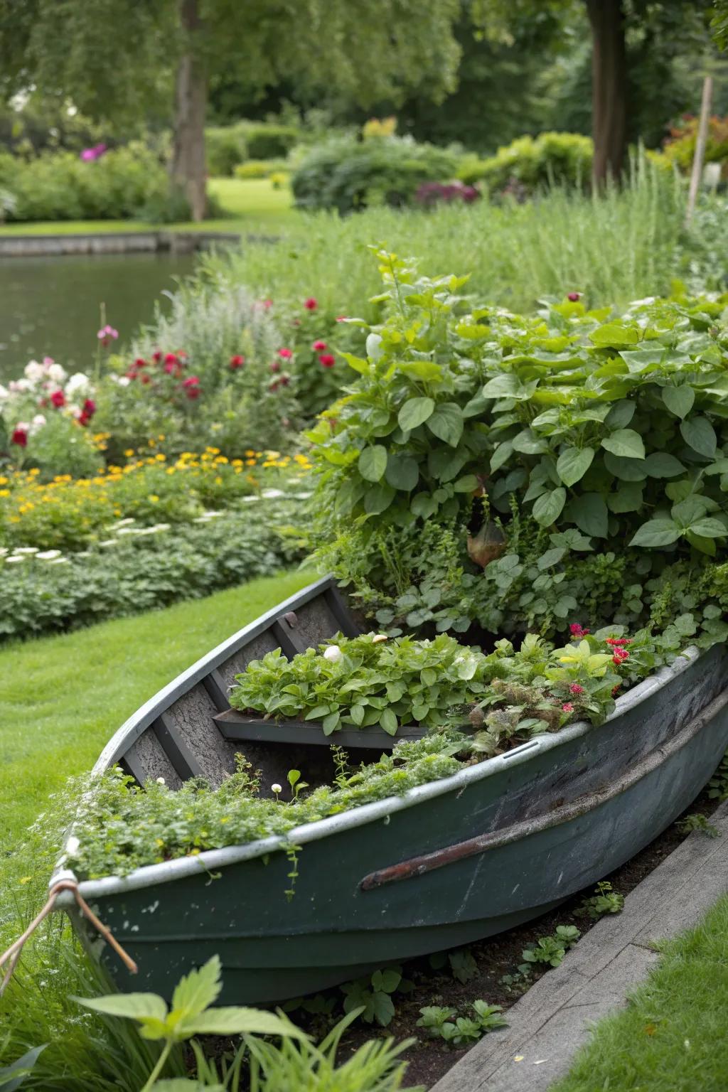 A lush display of green foliage in a boat planter.