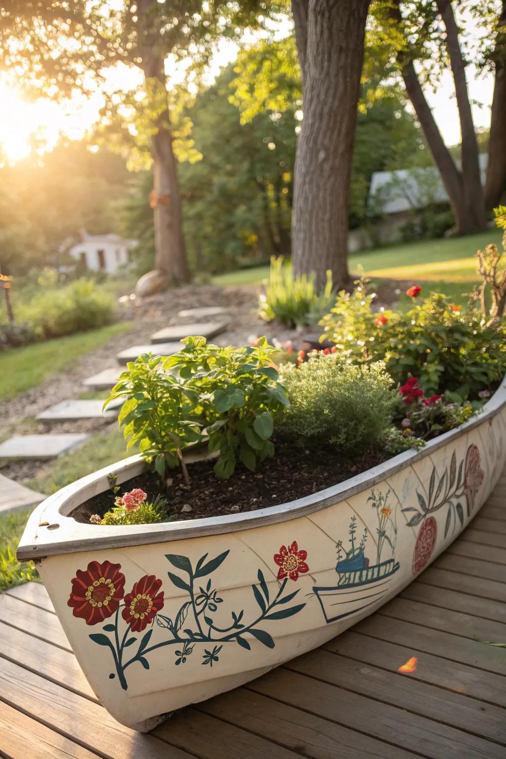 A personalized boat planter with custom-painted designs and greenery.