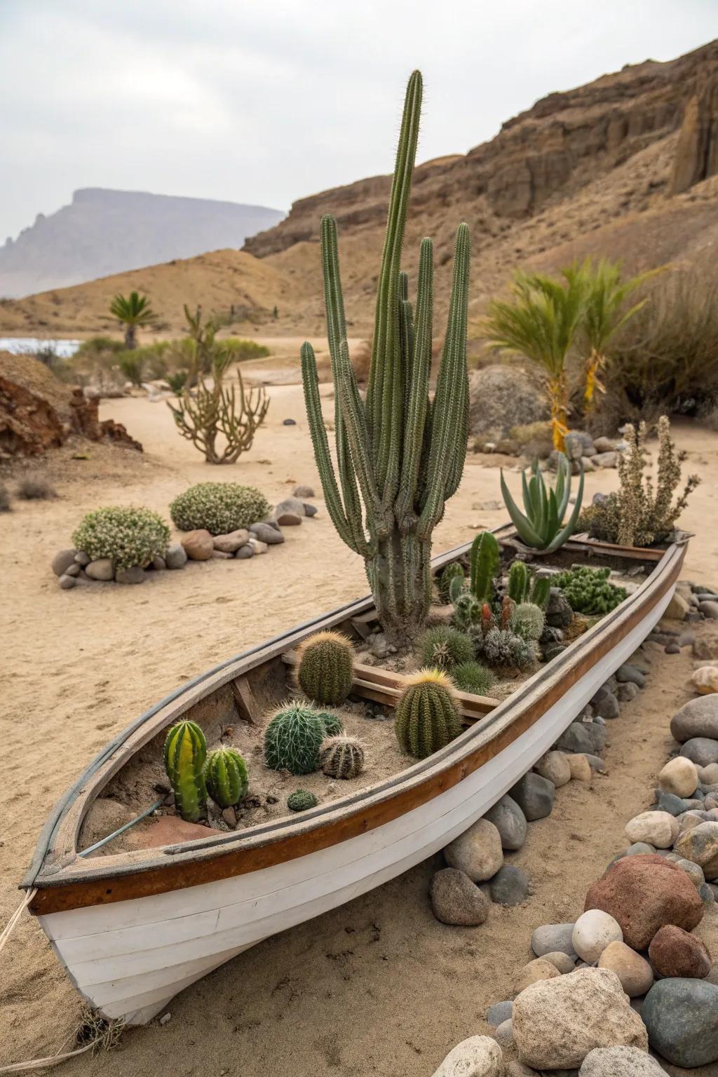 A desert-themed boat planter featuring cacti and sandy textures.