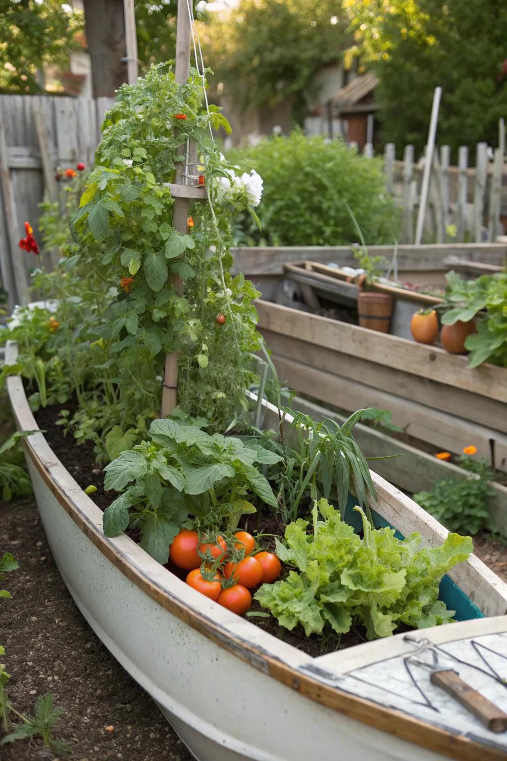A boat planter thriving with fresh vegetables for garden-to-table enjoyment.