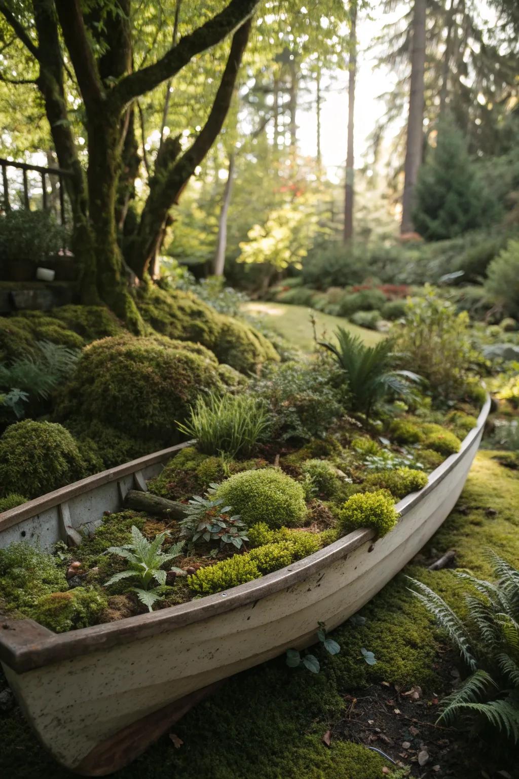 A boat planter enveloped in lush moss, creating a woodland atmosphere.