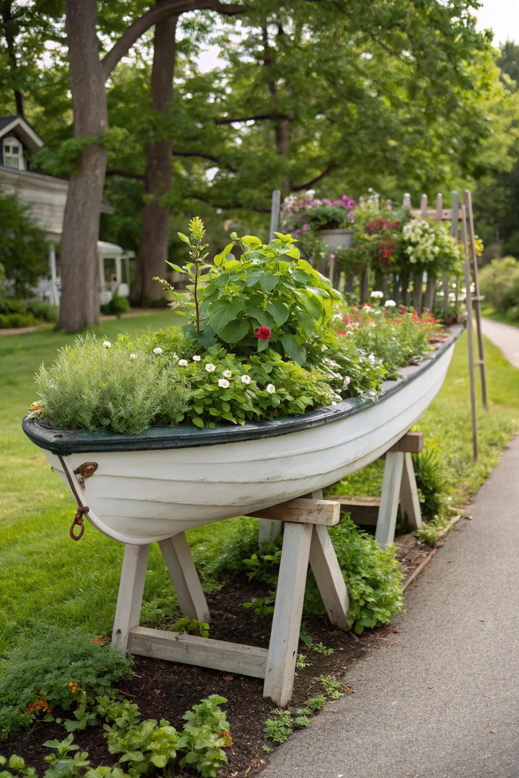 A creative raised garden bed using an elevated boat planter.