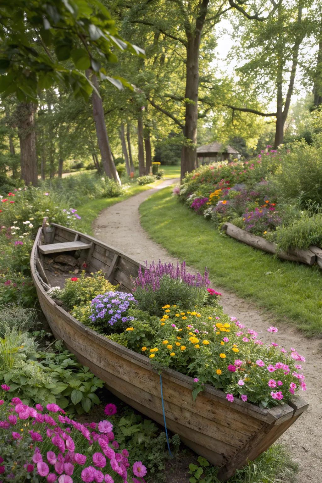 A boat planter transformed into a colorful wildflower haven.