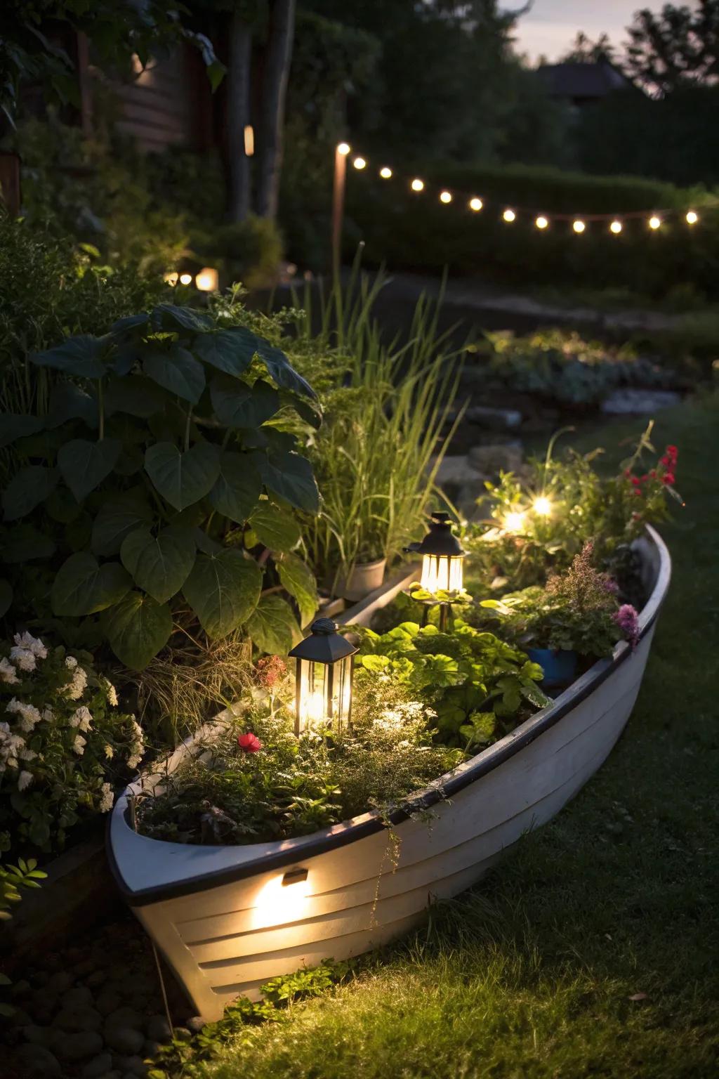 A boat planter glowing with solar lights, creating a magical nighttime garden.