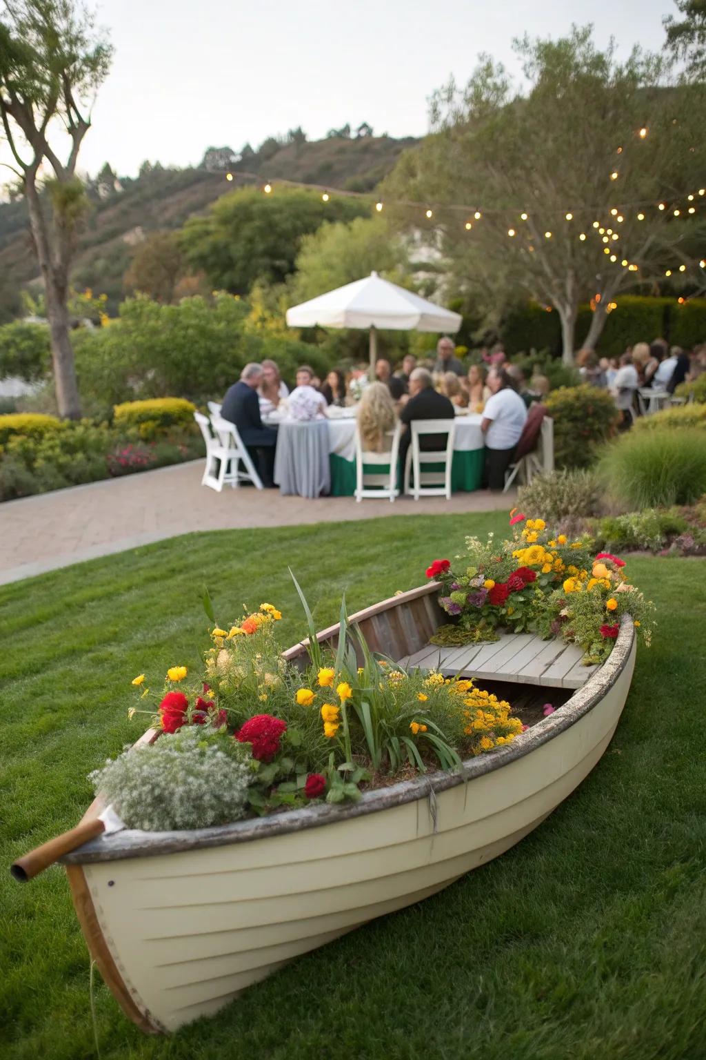 A boat planter serving as an eye-catching centerpiece at a garden party.