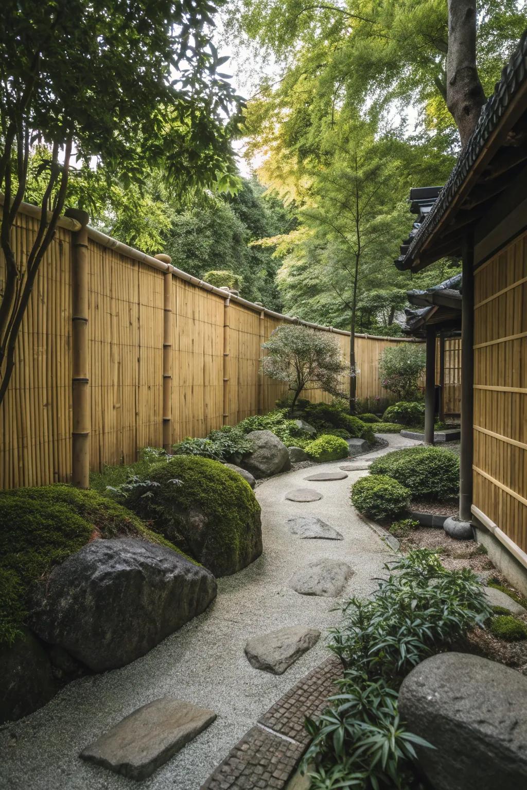 Bamboo walls create a tranquil and exotic outdoor atmosphere.