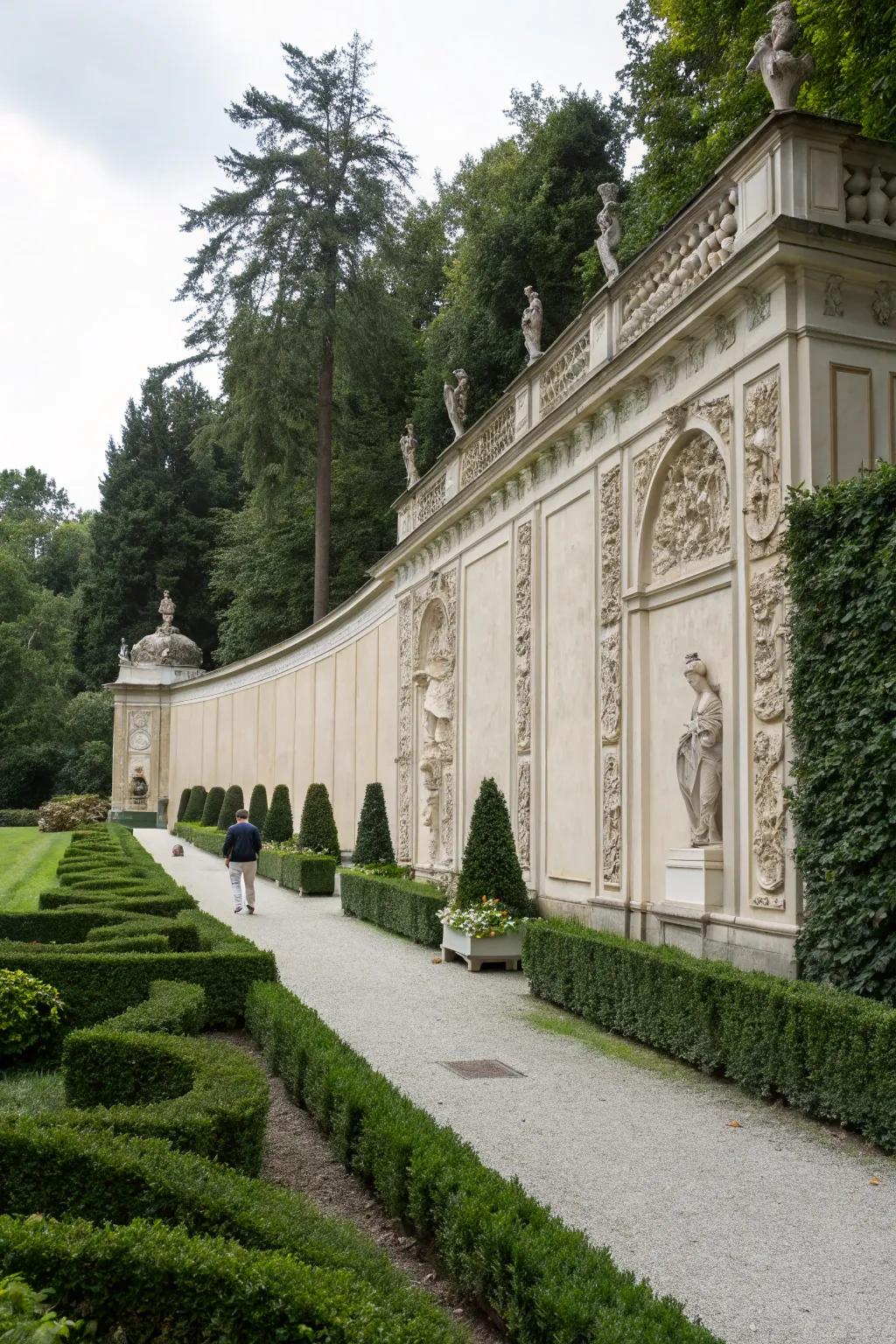 Friezes and reliefs bring timeless elegance to outdoor walls.