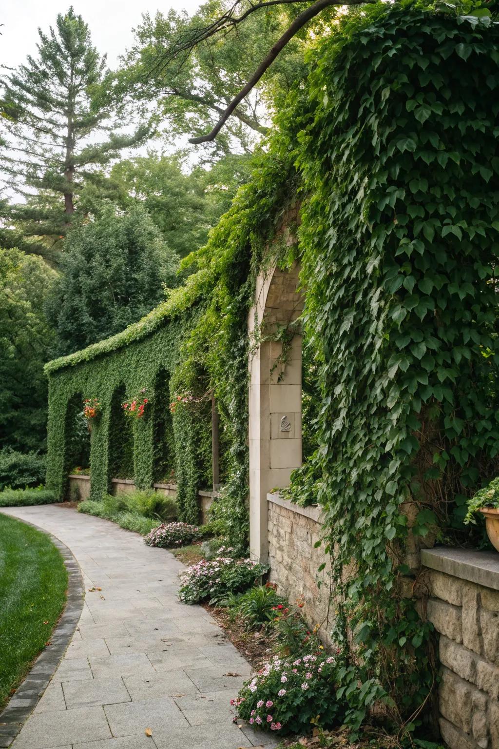 Living ivy walls create a lush, secret garden atmosphere.