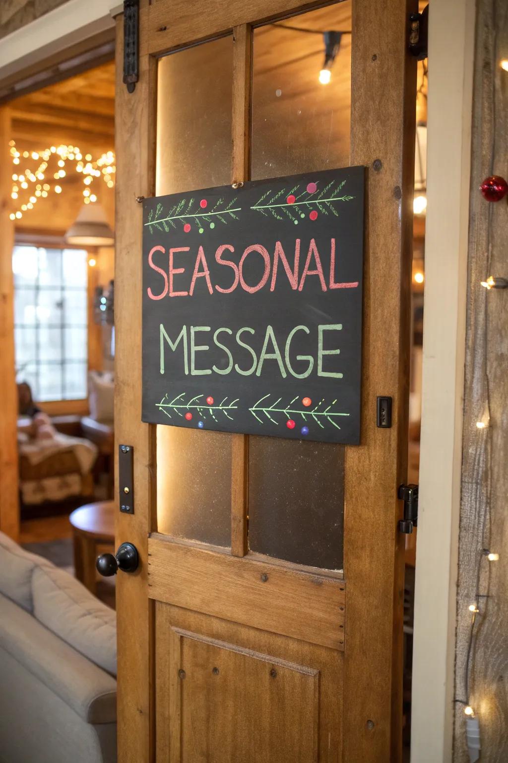 A chalkboard sign with a seasonal greeting.