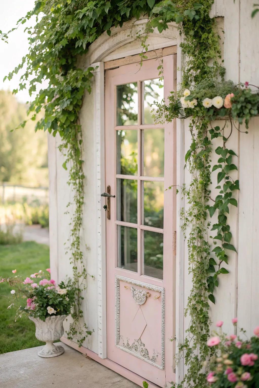A vintage window frame brings character to the entrance.