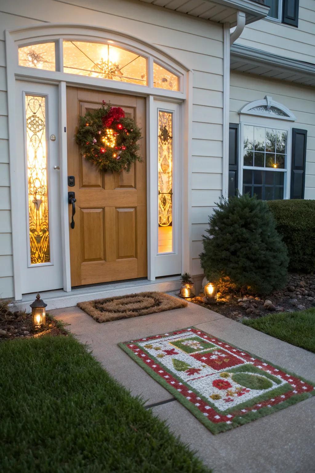 A cheerful door mat adds to the festive spirit.