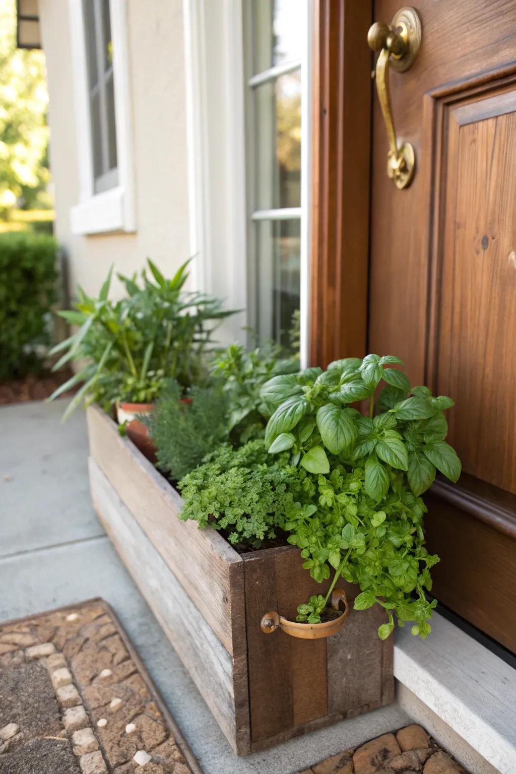 A planter box with herbs adds greenery and practicality.