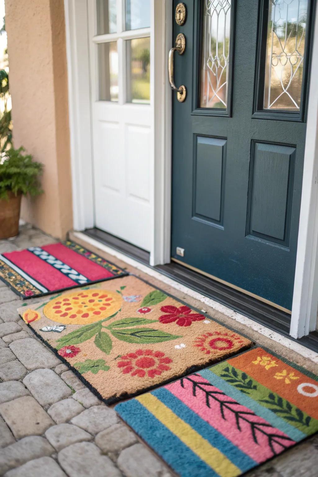 Layered doormats create a playful entrance.