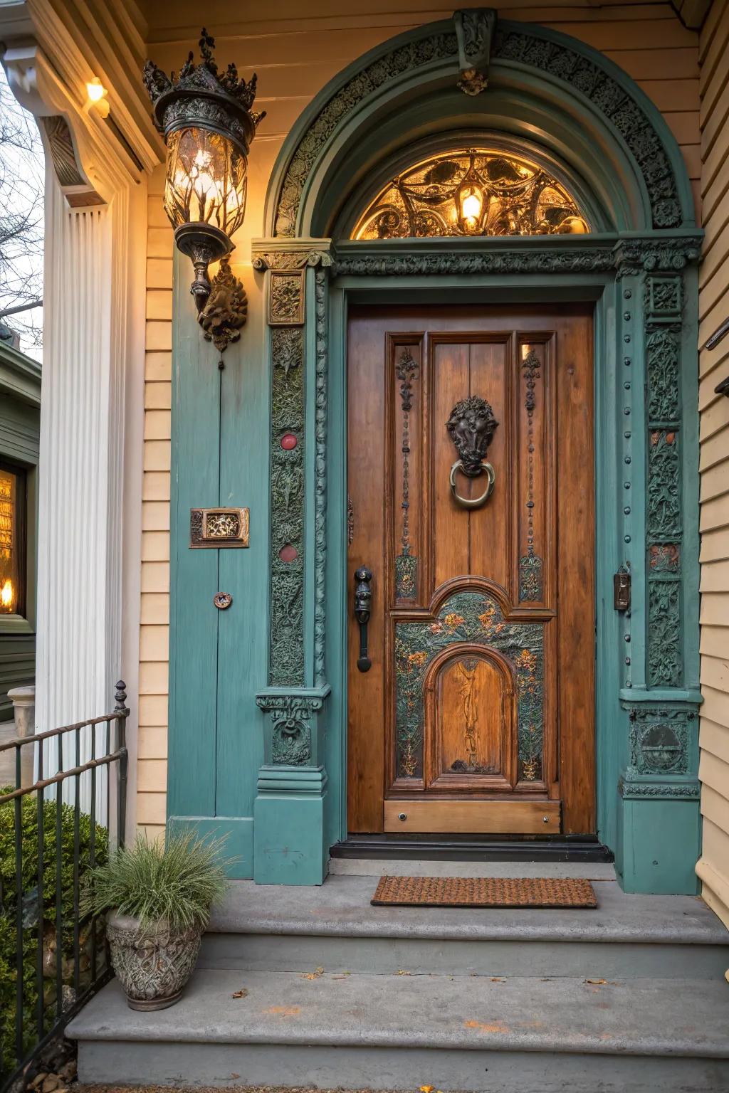 An artistic door knocker adds elegance.