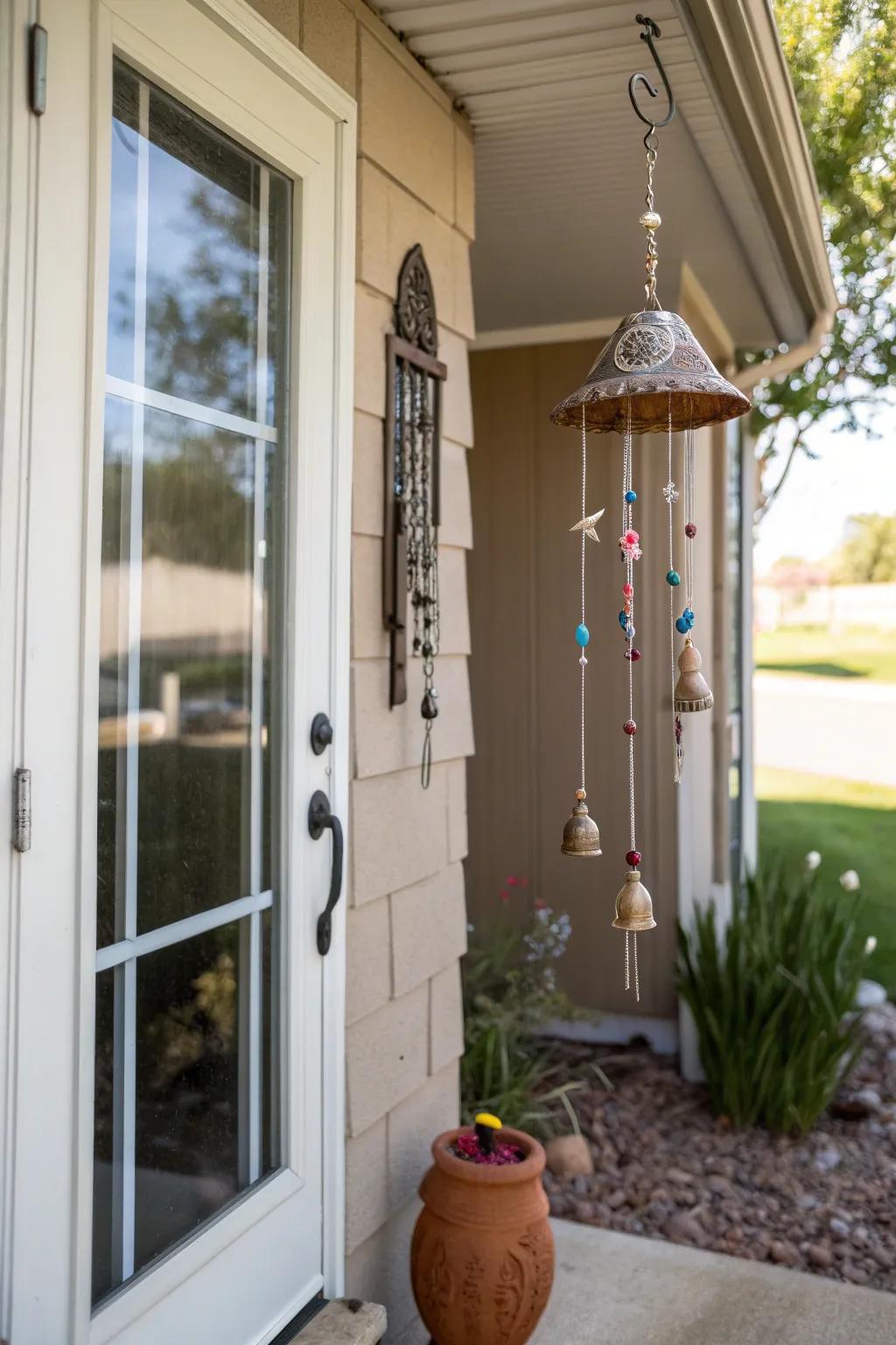 Wind chimes create a peaceful, musical entrance.