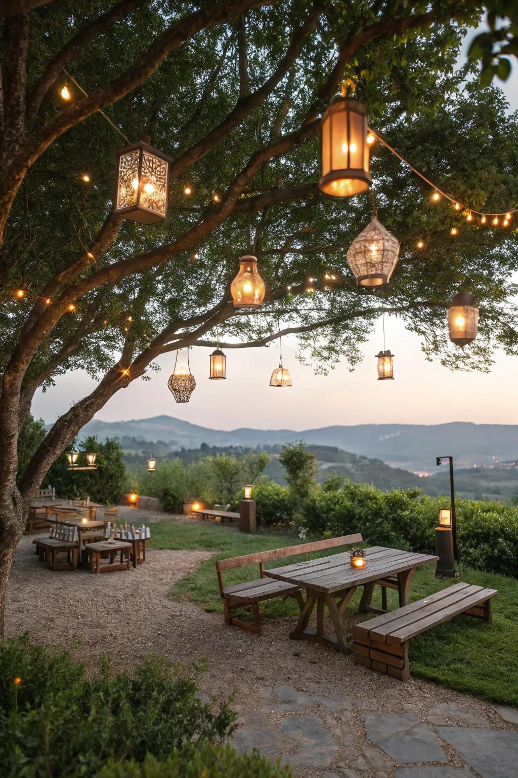 Lanterns create a cozy outdoor living space.