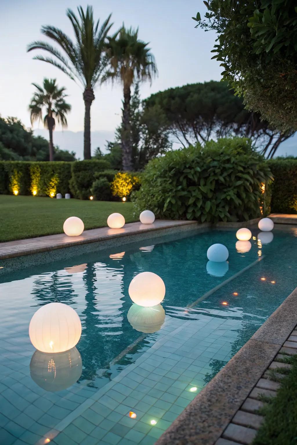 Reflective magic with floating pool lights.
