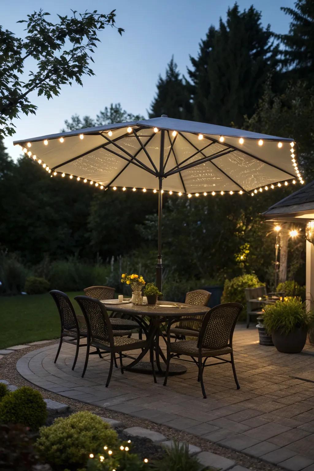 Enjoy shade and light with illuminated umbrellas.