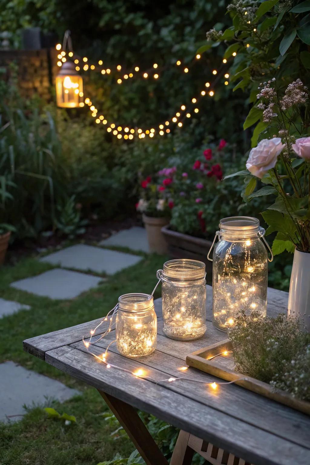 Rustic elegance with mason jar lighting.