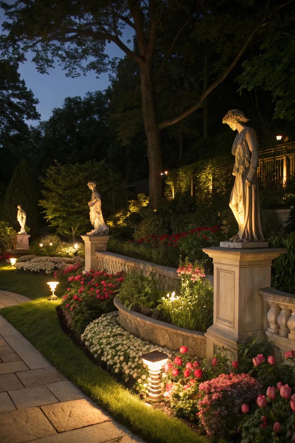 Highlight garden features with accent lighting.