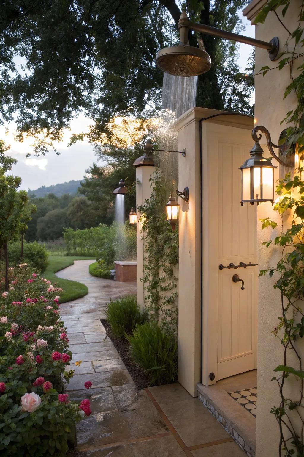 Wall-mounted fixtures provide a sleek and focused lighting solution for outdoor showers.