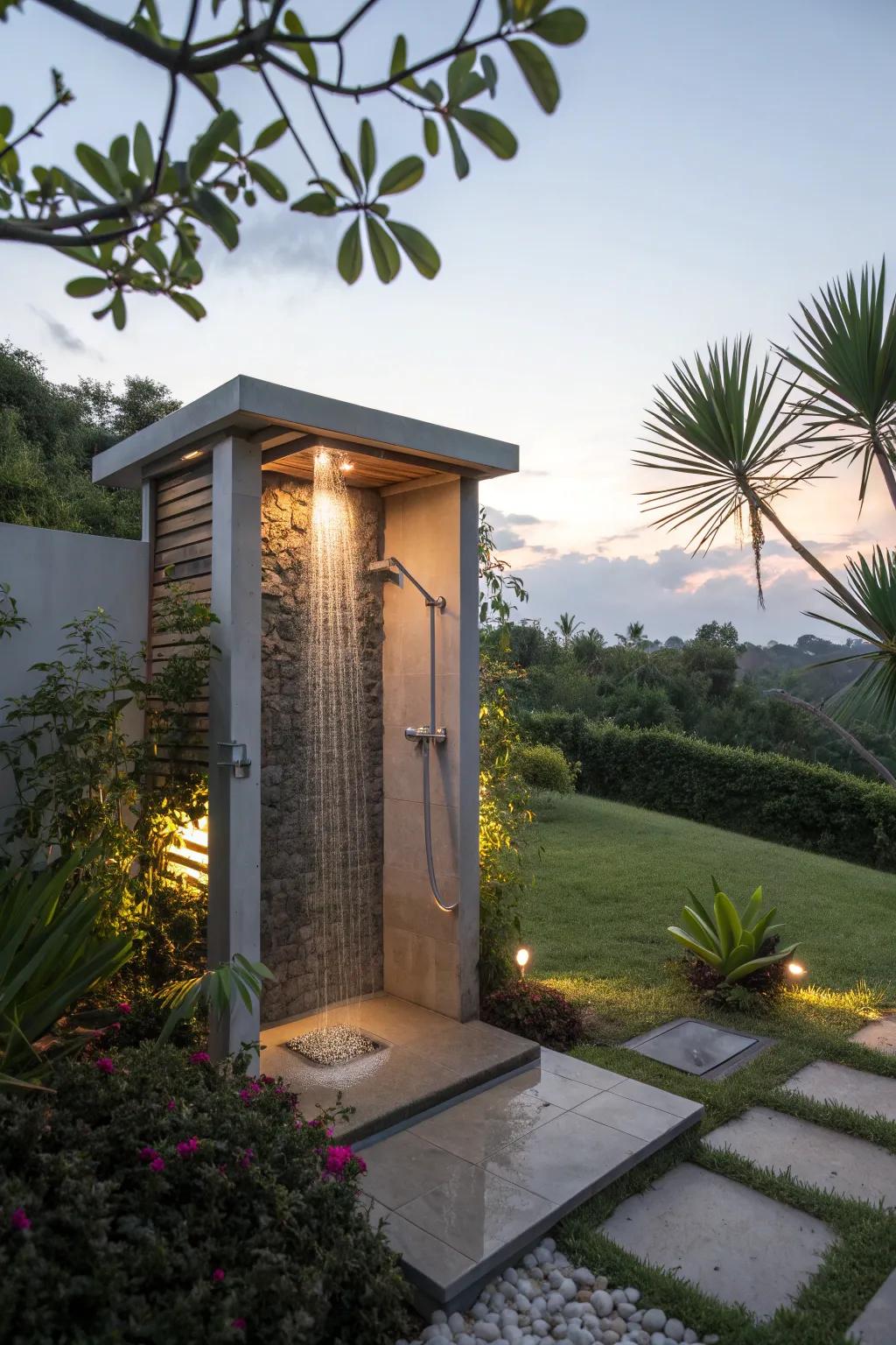 Integrated lights offer a sleek and modern aesthetic for outdoor showers.