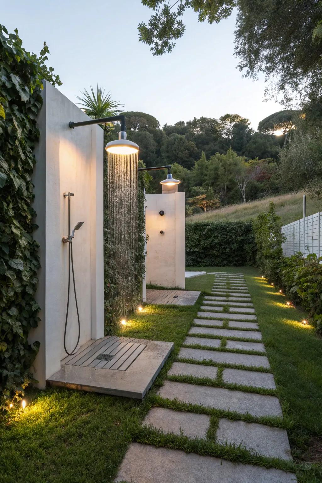 Modern and minimalist lighting fixtures create a contemporary shower experience.