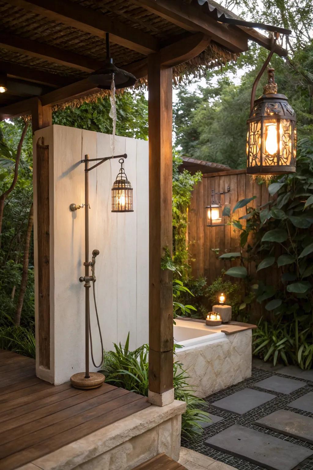 Lantern-style fixtures create a warm and traditional ambiance.