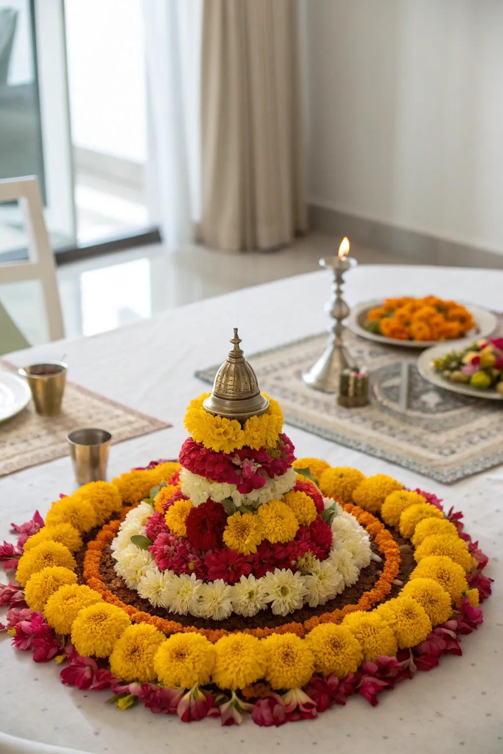 A mini Bathukamma fits perfectly as a charming centerpiece.