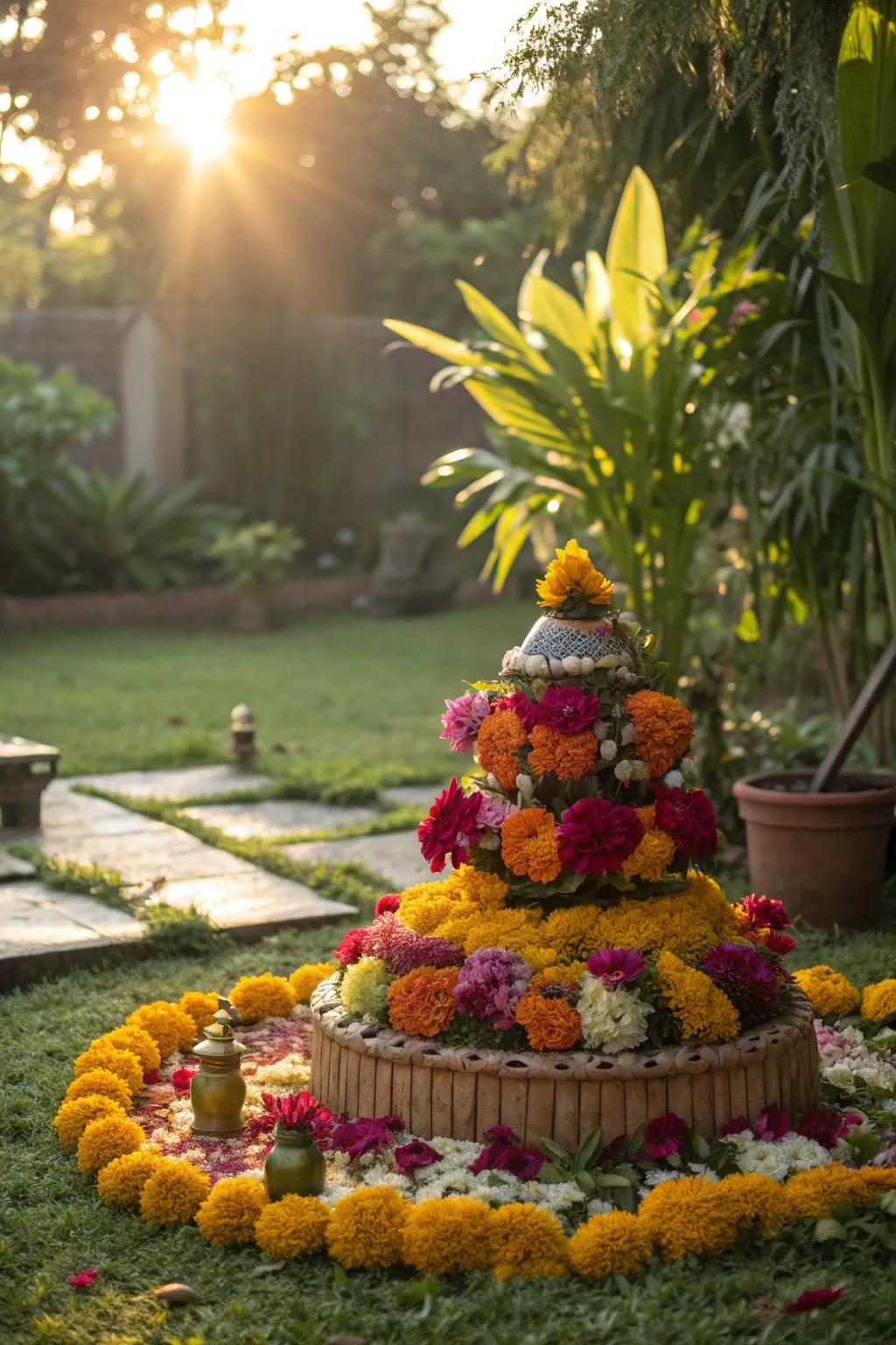 An outdoor Bathukamma display that celebrates nature and tradition.